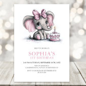 Girl Elephant 1st Birthday Party Invitation