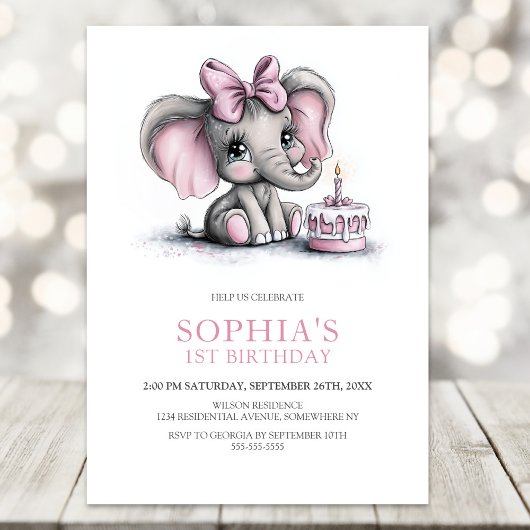 Girl Elephant 1st Birthday Party Invitation Kaart