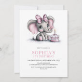Girl Elephant 1st Birthday Party Invitation Kaart (Voorkant)