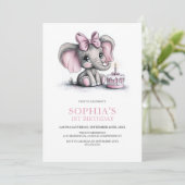 Girl Elephant 1st Birthday Party Invitation Kaart (Staand voorkant)