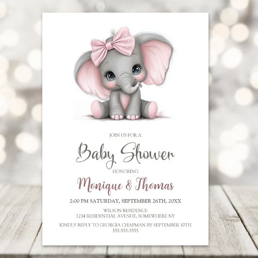 Girl Elephant Baby Shower Invitation
