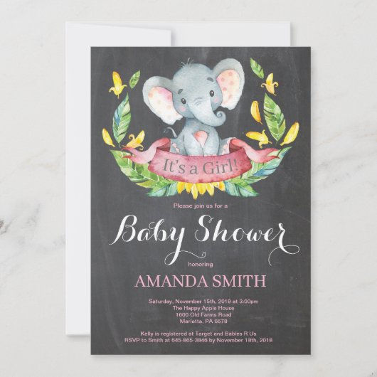 Girl Elephant Baby shower Invitation Chalkboard Kaart (Voorkant)