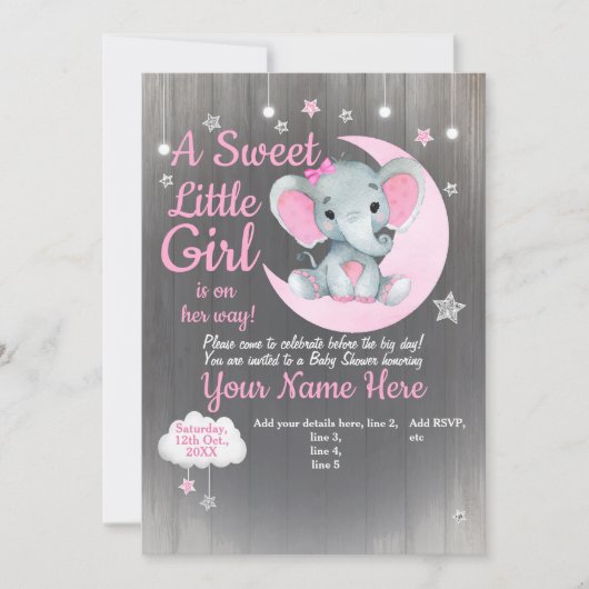 Girl Elephant Baby shower Invitation Étoiles Lune (Devant)