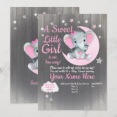 Girl Elephant Baby shower Invitation Étoiles Lune (Devant / Derrière)