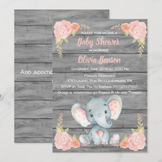 Girl Elephant Baby shower Invitation Kaart