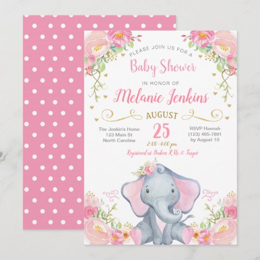 Girl Elephant Baby shower Invitation Kaart (Voorkant / Achterkant)