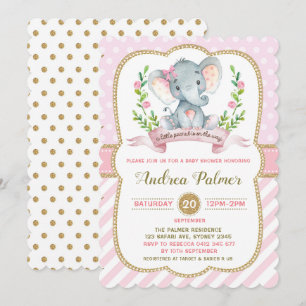 Girl Elephant Baby shower Invitation Pink & Gold Kaart