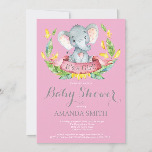Girl Elephant Baby shower Invitation Roze en Grijs Kaart (Voorkant)