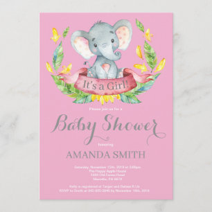 Girl Elephant Baby shower Invitation Roze en Grijs Kaart