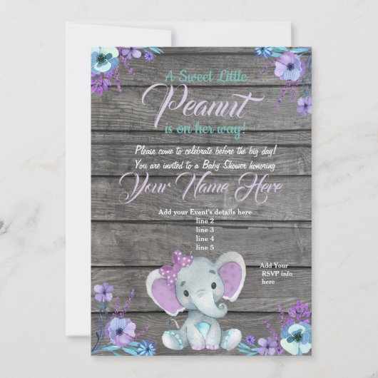 Girl Elephant Baby shower Invitation, rustisch, bl Kaart (Voorkant)