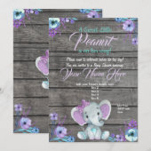 Girl Elephant Baby shower Invitation, rustisch, bl Kaart (Voorkant / Achterkant)