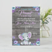 Girl Elephant Baby shower Invitation, rustisch, bl Kaart (Staand voorkant)