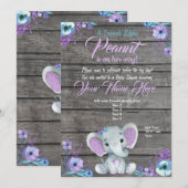 Girl Elephant Baby shower Invitation, rustisch, bl Kaart (Voorkant / Achterkant)