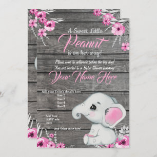 Girl Elephant Baby shower Invitation, rustisch, ro Kaart