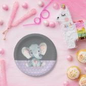 Girl Elephant Baby shower Paars en grijs Papieren Bordje (Feest)