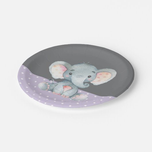 Girl Elephant Baby shower Paars en grijs Papieren Bordje (Gekanteld)
