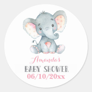 Girl Elephant Baby shower Pink en Grey Ronde Sticker
