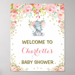 Girl Elephant Baby shower Pink Floral Welcome Sign Poster