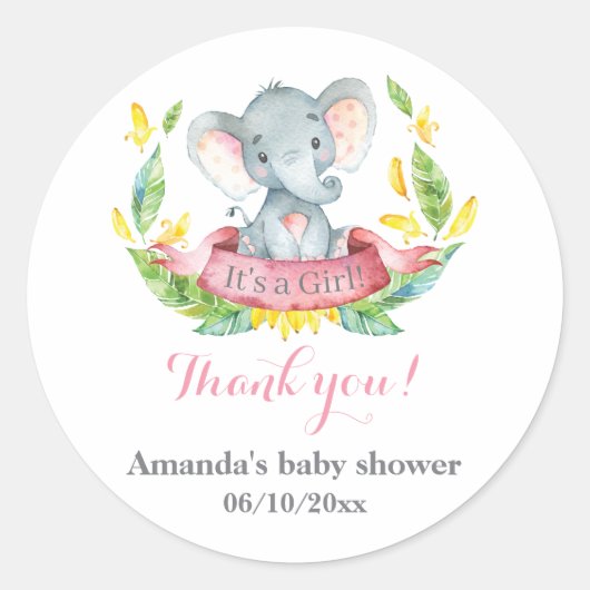 Girl Elephant Baby shower Roze Hartelijk dank Ronde Sticker (Voorkant)