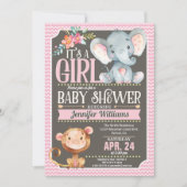 Girl Elephant & Monkey Baby shower Uitnodiging (Voorkant)
