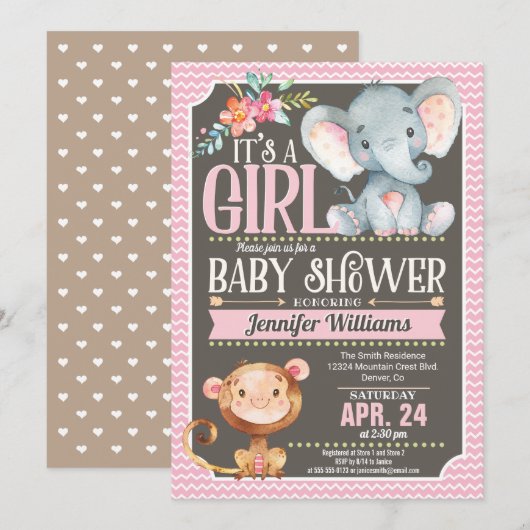 Girl Elephant & Monkey Baby shower Uitnodiging (Voorkant / Achterkant)