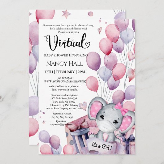Girl Elephant Pink-ballonnen Virtueel Baby shower Kaart (Voorkant / Achterkant)