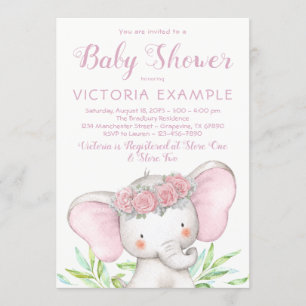 Girl Elephant Pink Rose Waterverf Baby shower Kaart