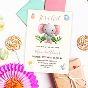 Girl Elephant Pink Waterverf Baby shower Kaart