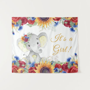 Girl Elephant Sunflower Baby shower Achtergrond Wandkleed