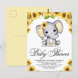 Girl Elephant Sunflower Baby shower Invitation Briefkaart