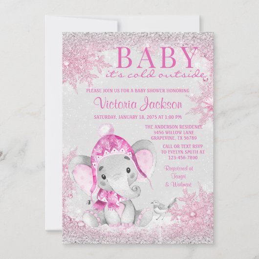 Girl Elephant Winter Snowflake Baby shower Kaart (Voorkant)