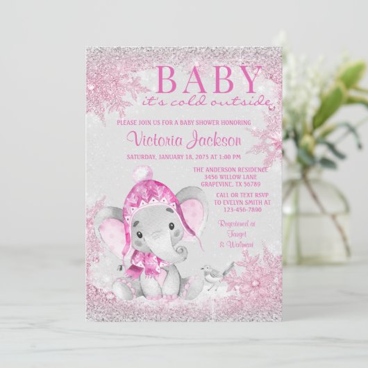 Girl Elephant Winter Snowflake Baby shower Kaart (Staand voorkant)