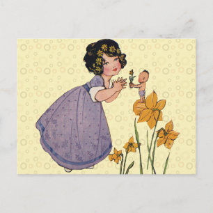 Girl Elf Fairy Daffodil Antiek Pasen Briefkaart