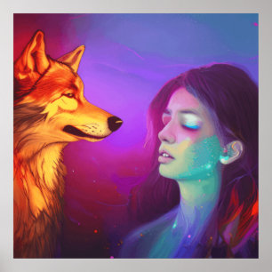 Girl en haar Wolf AI Generated Fantasy Pop Art Poster
