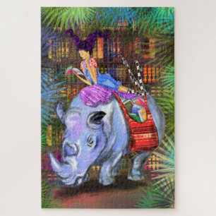 Girl en Rhino - Bibliotheek in Oerwoud - Fantasy Legpuzzel