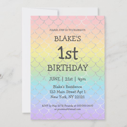 Girl First Birthday Mermaid Rainbow Kaart (Voorkant)