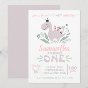 Girl First Birthday Waterverf Paars Dinosaur Kaart