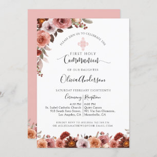 Girl First Commune Blush Pink Floral Invitation Kaart