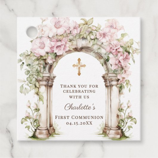 Girl First Communion Pink Florals Arch Cross Bedankjes Labels (Voorkant)