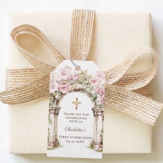 Girl First Communion Pink Florals Arch Cross Cadeaulabel