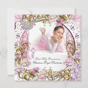 Girl First Heilige Commune Lace Pink Gold Foto Kaart