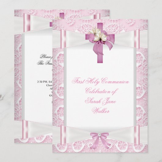 Girl First Heilige Commune Pink Lace Bow White 4 Kaart (Voorkant / Achterkant)