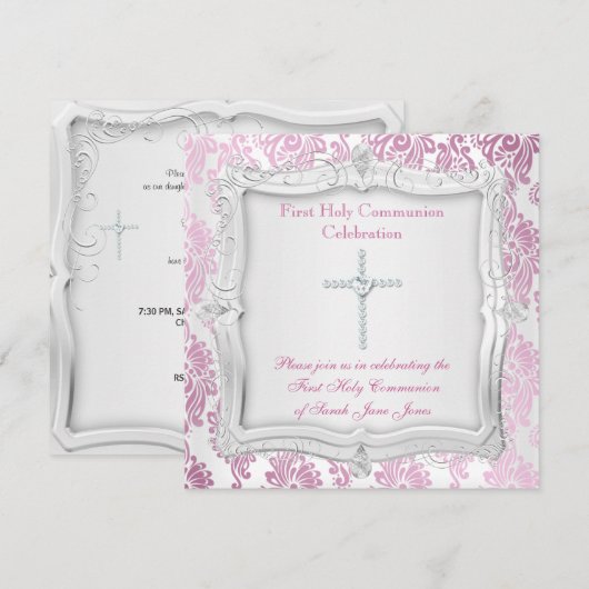 Girl First Heilige Commune Pink Silver Cross Kaart (Voorkant / Achterkant)