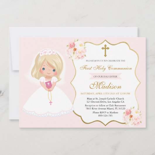 Girl First Holy Communion Invitation Soft Pink (Devant)
