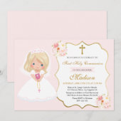 Girl First Holy Communion Invitation Soft Pink (Devant / Derrière)