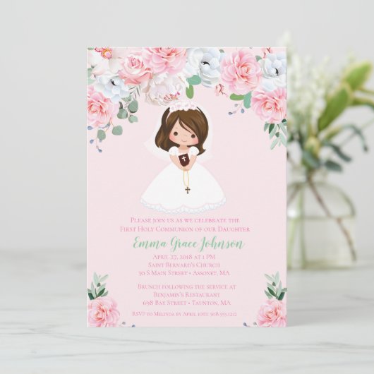 Girl Floral First Community Invitation Kaart (Staand voorkant)