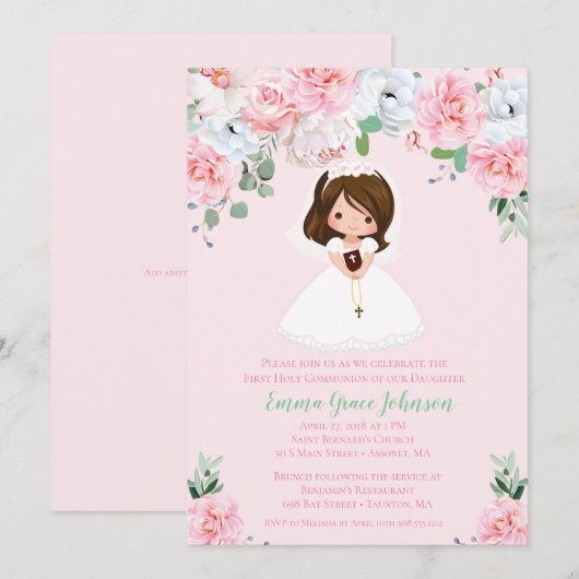 Girl Floral First Community Invitation Kaart (Voorkant / Achterkant)