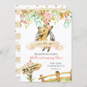Girl Floral Horse saddle Up Birthday Invitation Kaart