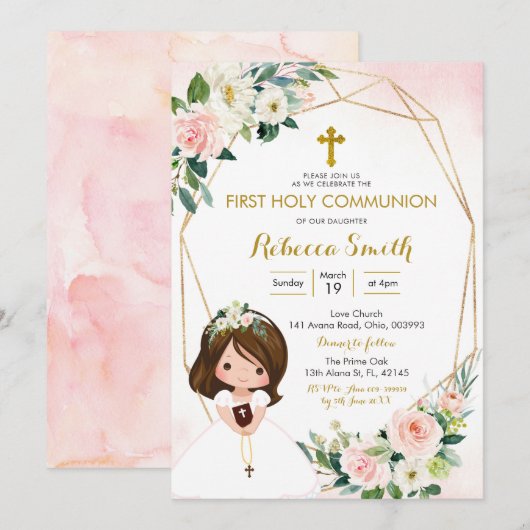 Girl Floral Pink First Community Invitation Kaart (Voorkant / Achterkant)