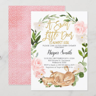 Girl Floral Wreath Deer Baby shower Invitation Kaart